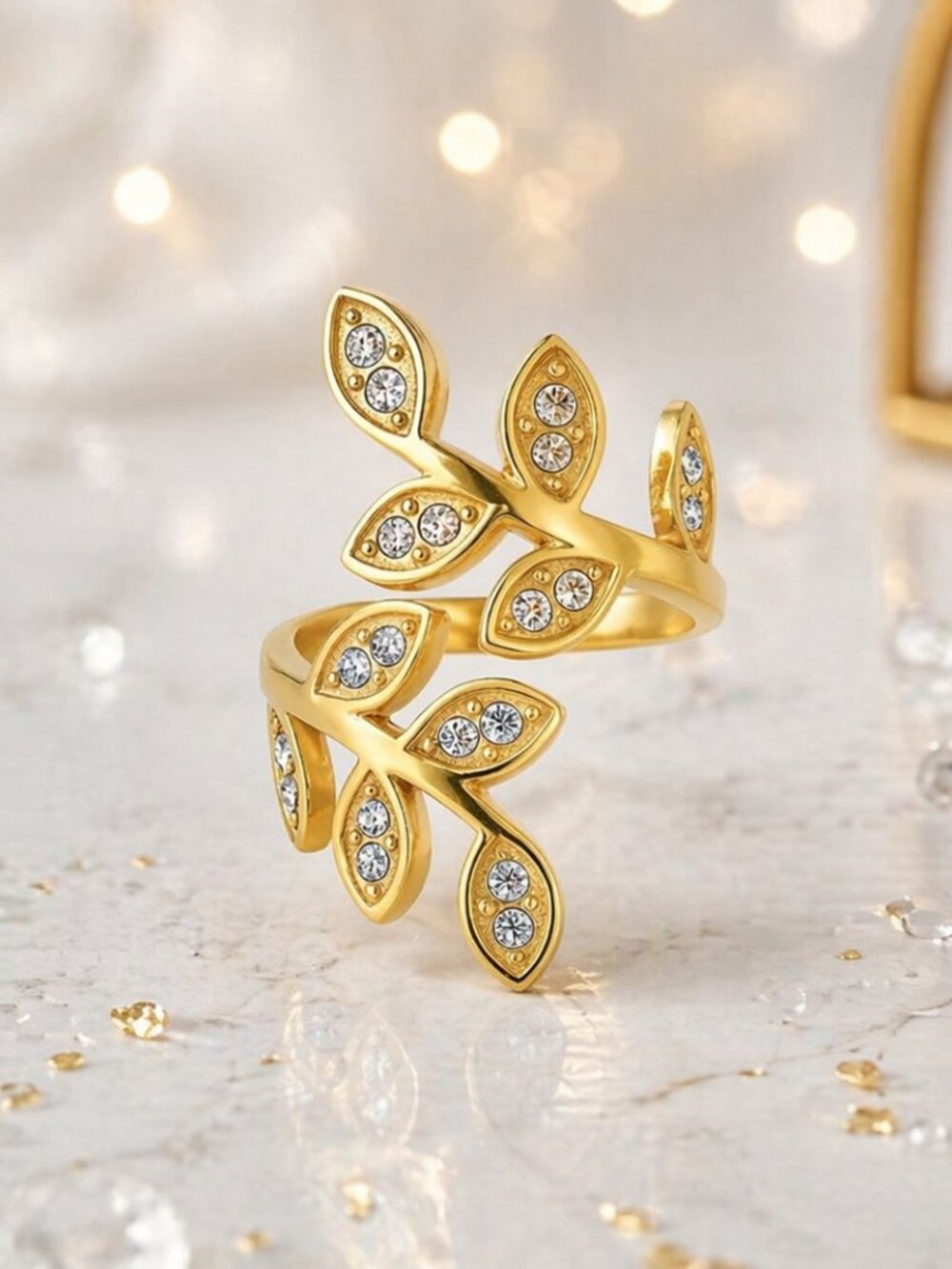 18K Gold Plated CZ Leaf Branch Vine Cottagecore Adjustable Open Ring 6-10 NWT